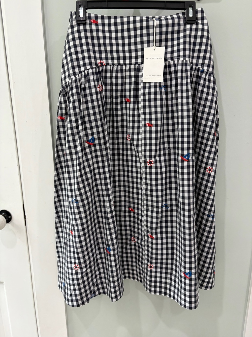 NWT Navy and White Gingham Midi Skirt with Nautical Embroidery Free Assembly